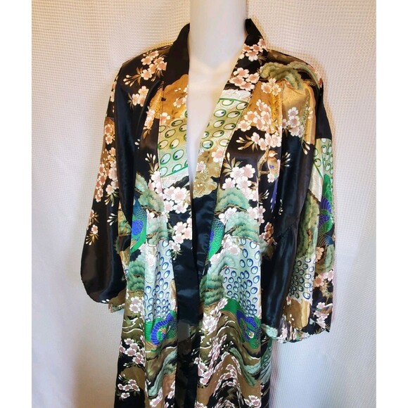 Rare Vintage Japan Long Black Kimono Peacocks Birds Black No Belt Unisex - Picture 3 of 16